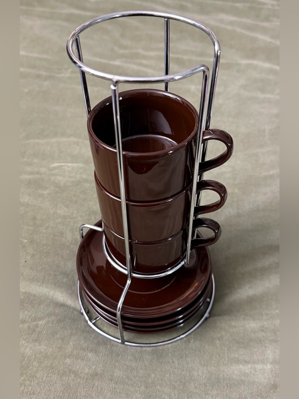Pier 1 Brown Ceramic Stackable Espresso Mug and Saucer Set with Chrome Rack #OSK